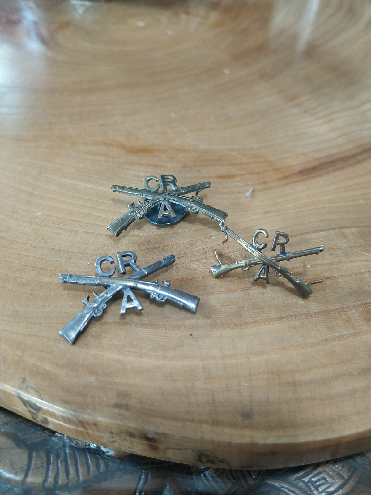 3 Vintage CRA crossed rifles, guns hat pins
