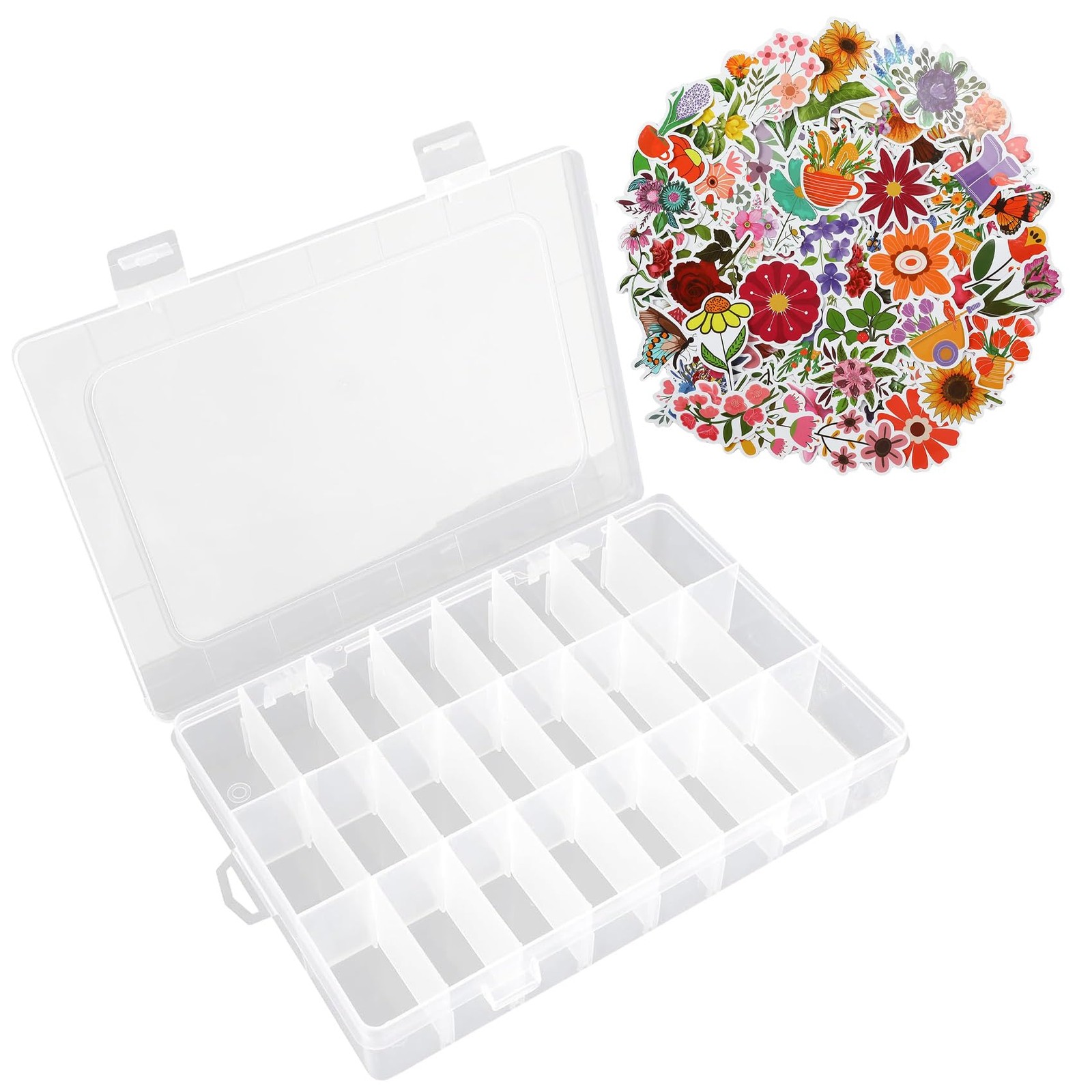 Plastic Organizer Box with Dividers, 100 PCS Floral Stickers, 24 Grid Small P...