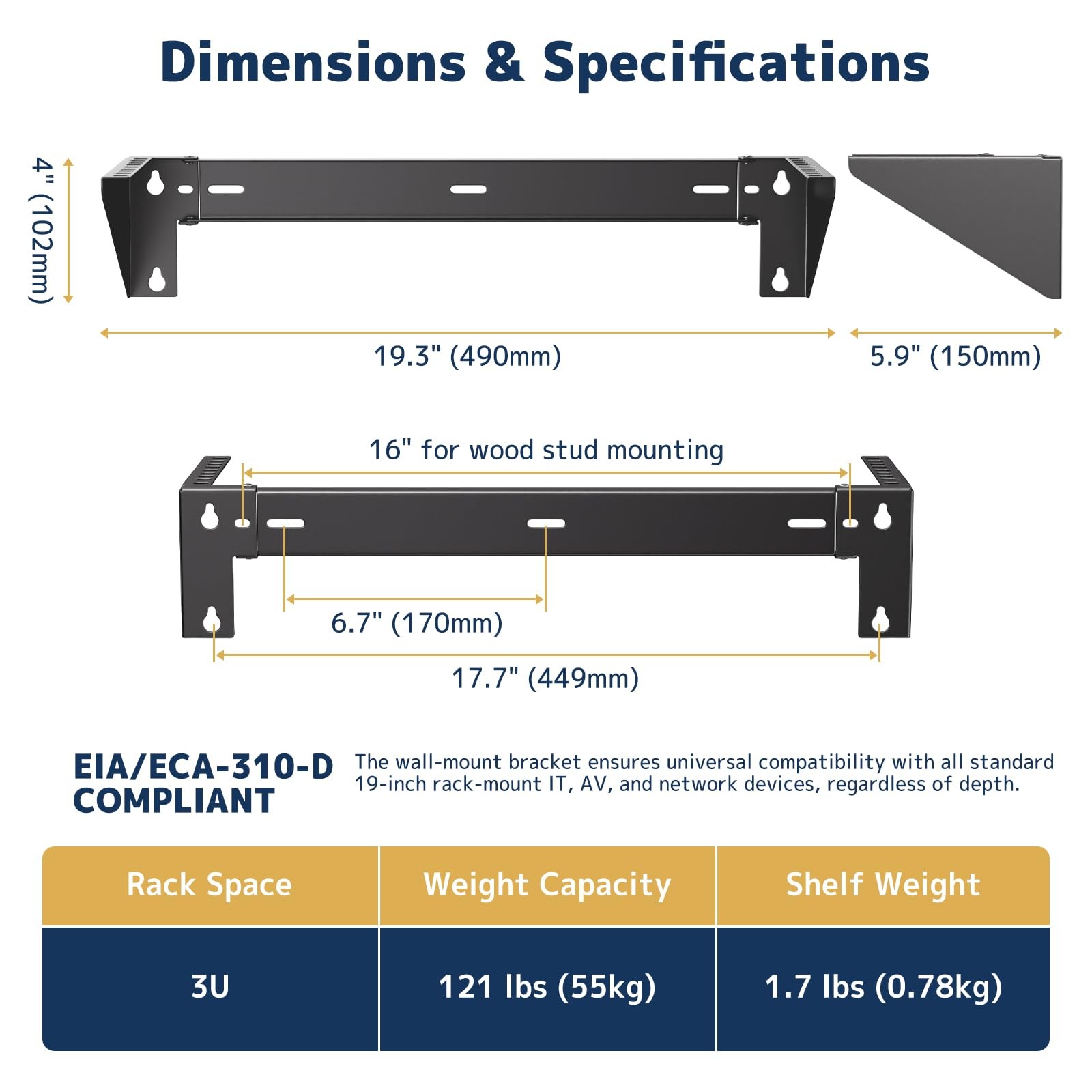 3U Vertical Wall Mount Rack 19 Inch Steel Bracket Server Network Switch 121LBS