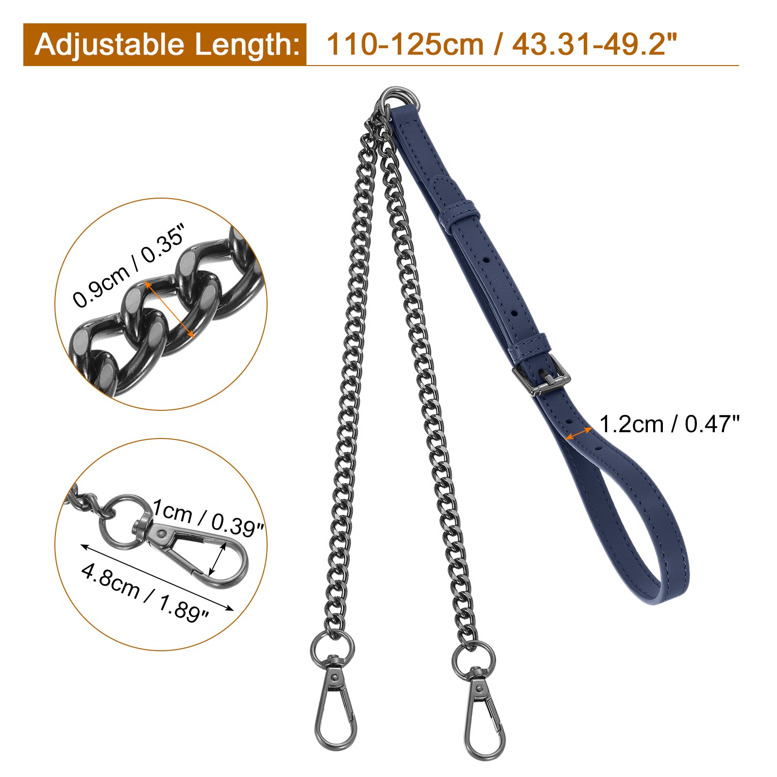 Adjustable Leather Chain Straps, 49" Purse Chain Strap (Dark Blue, Grey)