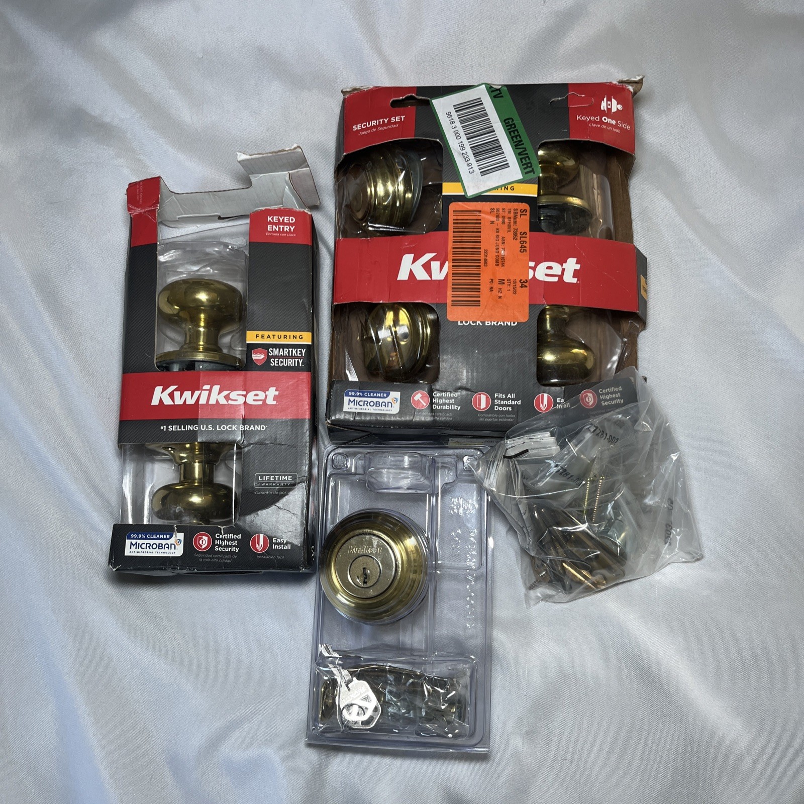 Kwikset Juno Entry Lever + Deadbolt LOT of 2 Sets Polished Brass READ Open Box