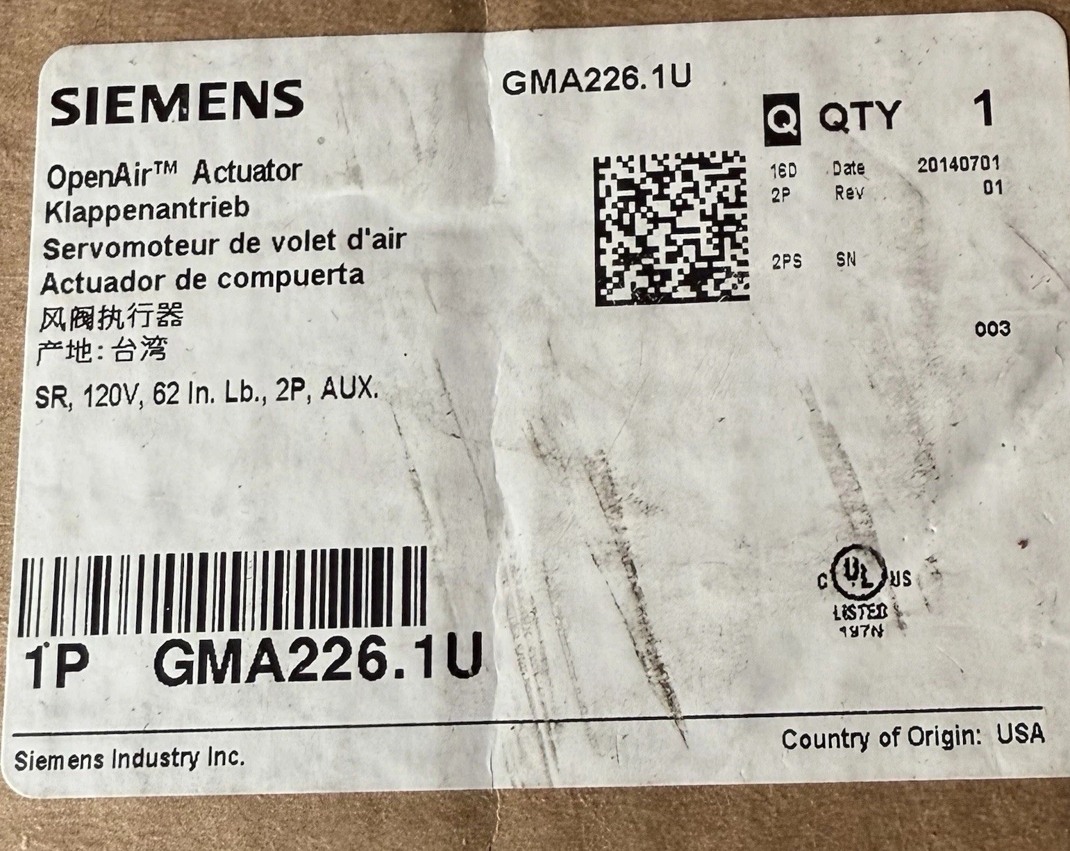Siemens Openair Damper Actuator GMA226.1U 120volt 62 Inch Lbs 2 Position Aux Sw