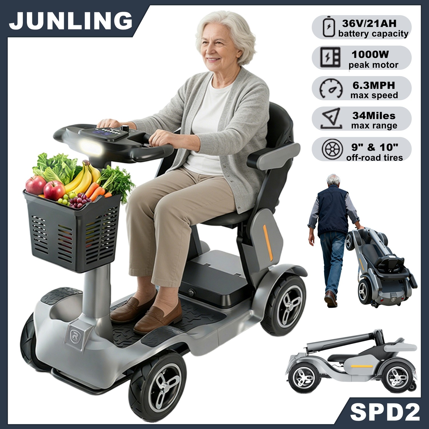 4 Wheels Travel Mobility Scooter 1000W 36V 21AH Warechire Drive for Adult Senior