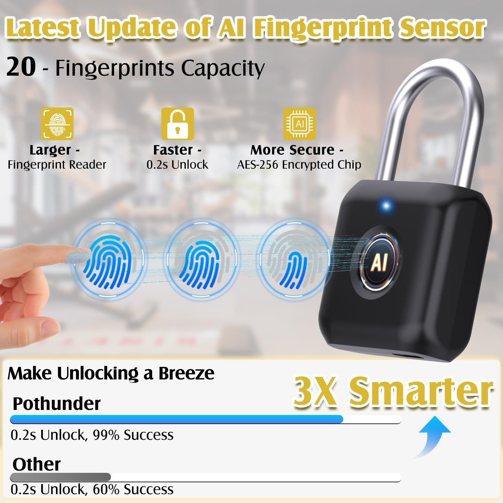 Fingerprint Padlock, Pothunder Smart Locker Lock, Small, Onyx Black