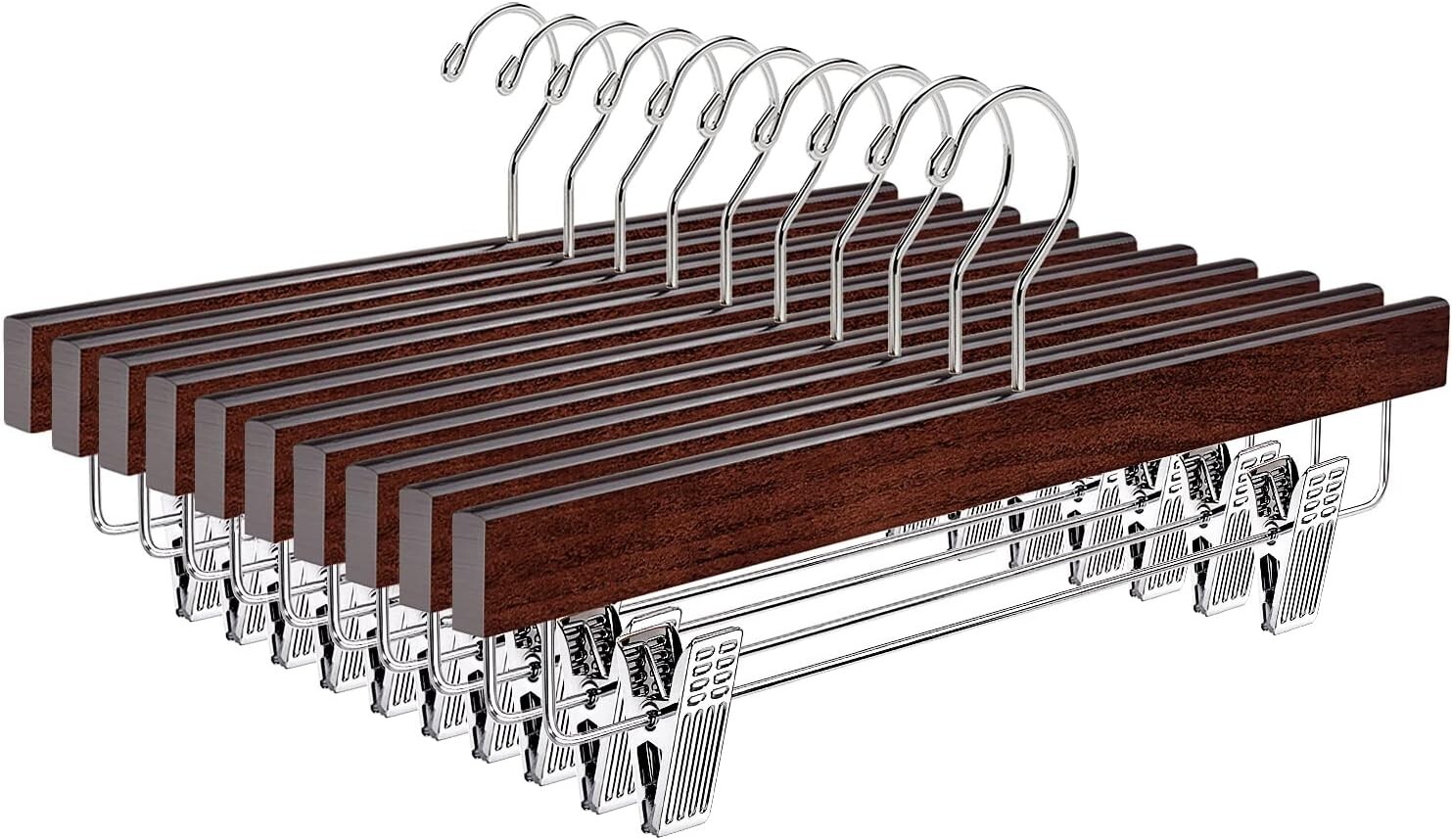 Amber Home 10 Pack Retro Wooden Pants Hangers with Clips Walnut Wood Skirt Hang