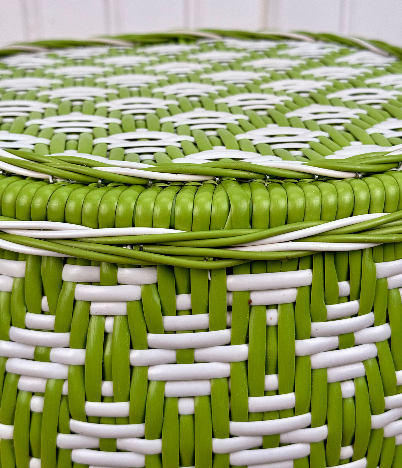 Vintage Boho Avocado Green & White Argyle Faux Wicker Garden Stool