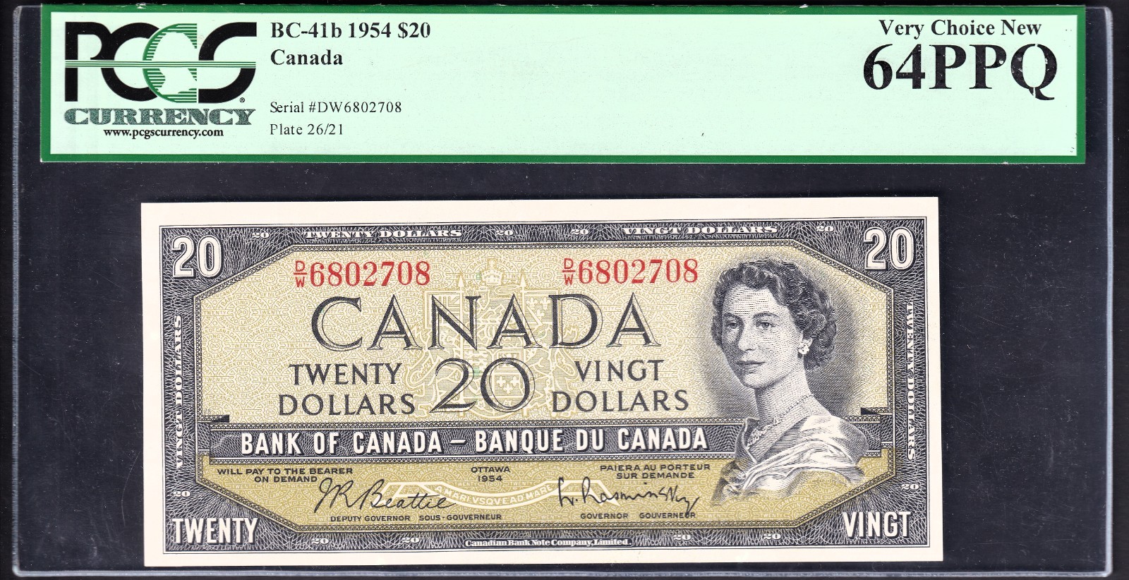 Canada 1954 $20 Twenty Dollar Banknote Beattie - Rasminsky PCGS Graded VCN64 PPQ