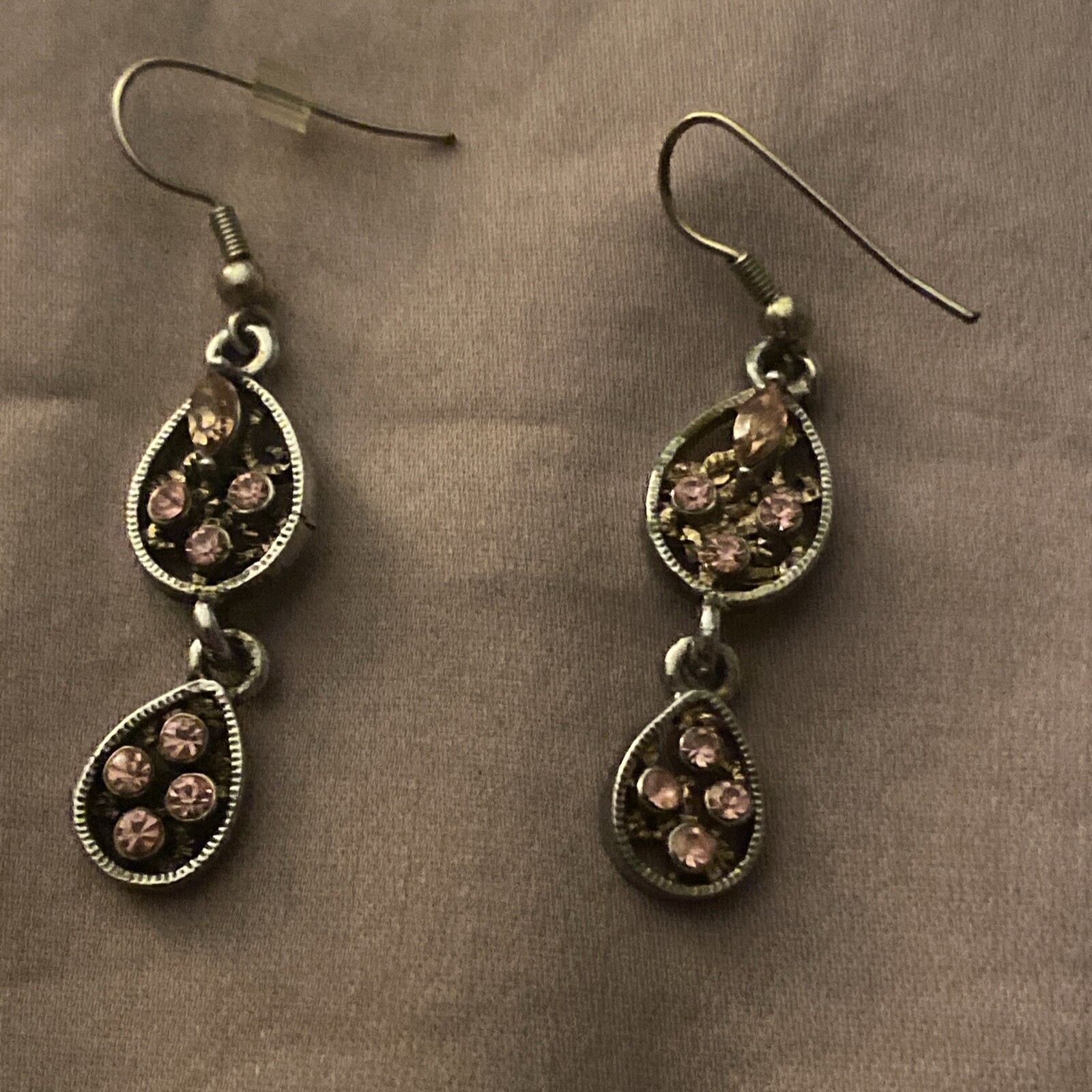 Vintage Pierced Earrings Silver With Pink Stones 1.5” Long Dangle