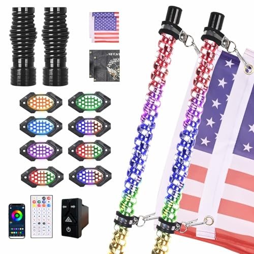 2PCS 3FT LED Whip Light and 8 Pods Rock Light Kit with 3FT+8pcs Rock Lights