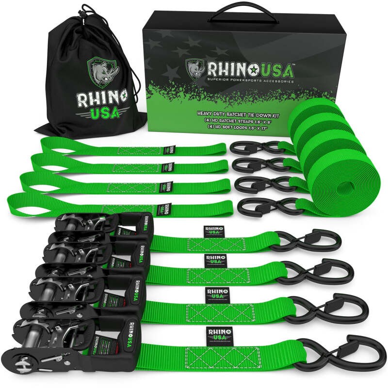 Rhino USA Heavy Duty Ratchet Tie-Down 4-Pack 1.6 in x 15 ft Green