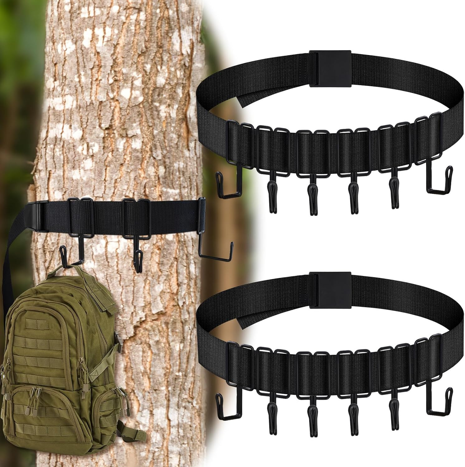 2 Pack Treestands Strap Gear Hangers with 12 Metal Hooks,Hunting Tree Stand Bow