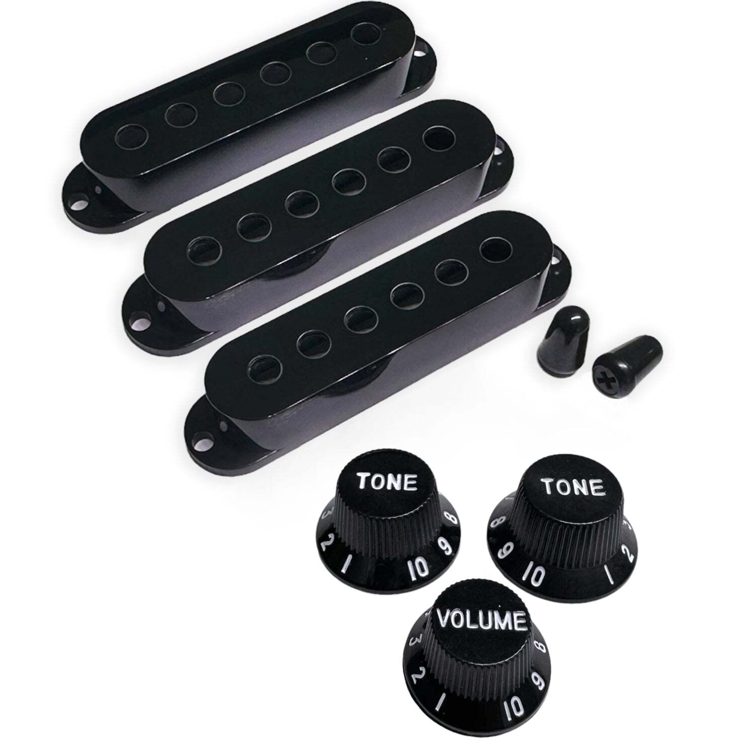 Modern Strat PUP covers, switch tips, knobs set Black / White Font