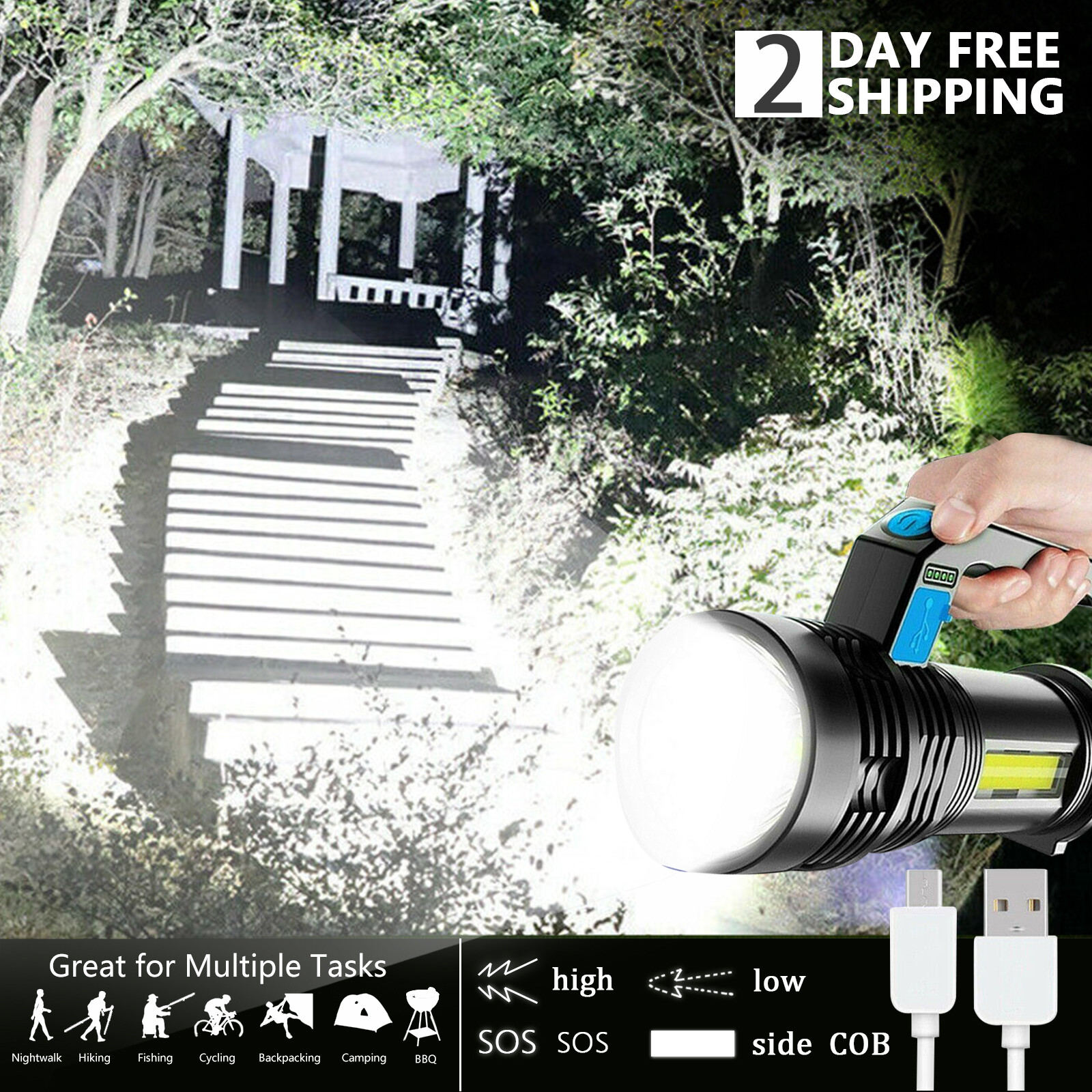 High Powered Ultra Bright LED Torch Rechargeable Security Flashlight Side Light