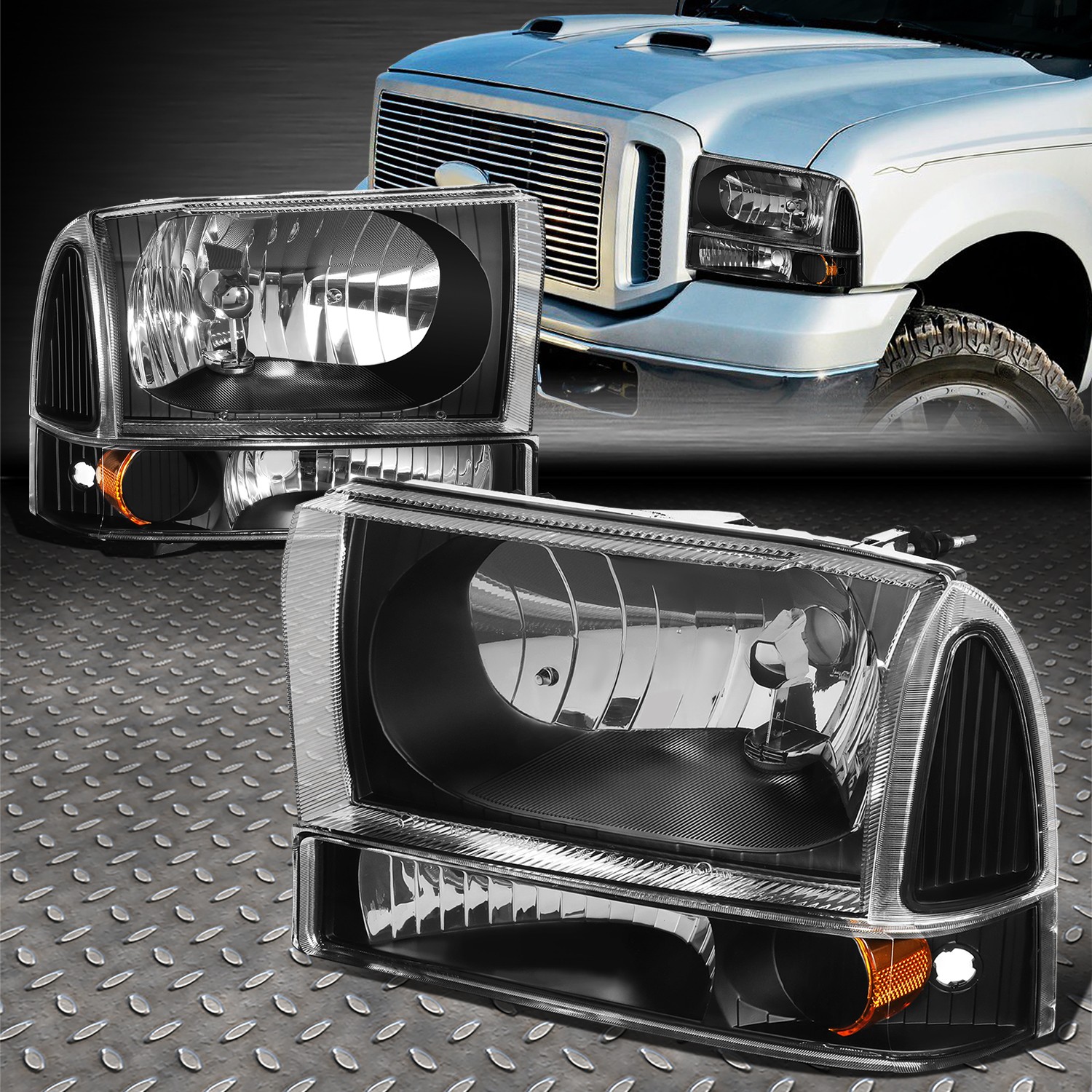For 99-04 Ford F250 F350 F450 F550 Super Duty Excursion Black/Amber Headlights