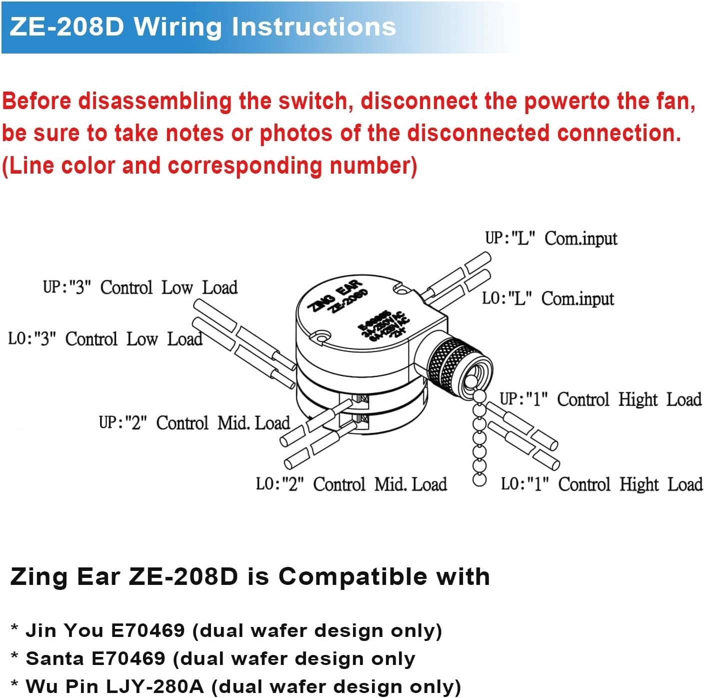 Zing Ear ZE‑208D Ceiling Fan Switch, 3‑Speed 5‑8 Wire Pull Chain, Bronze