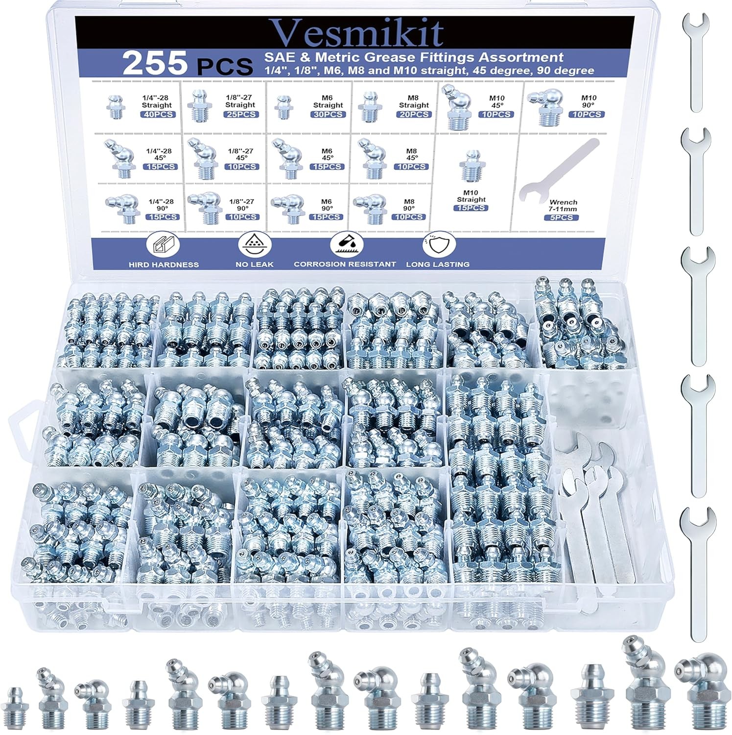 255PCS Grease Fittings Assortment,SAE & Metric Grease Zerk Fittings 1/4" 1/8" M6