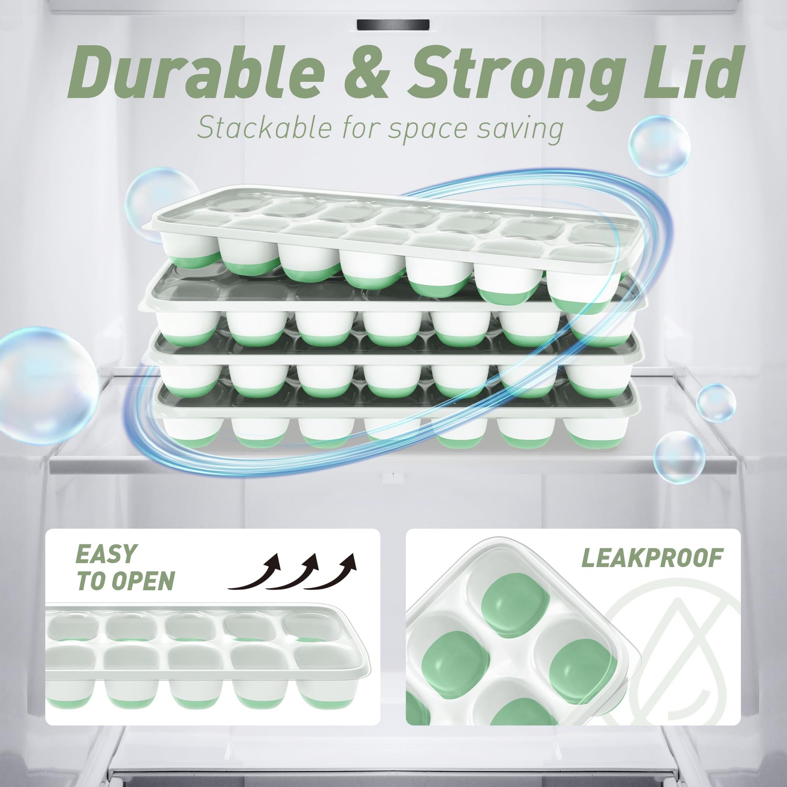 ChefAide Ice Cube Tray with Lid, 4 Pack, Mint+Space Blue 4 Pack