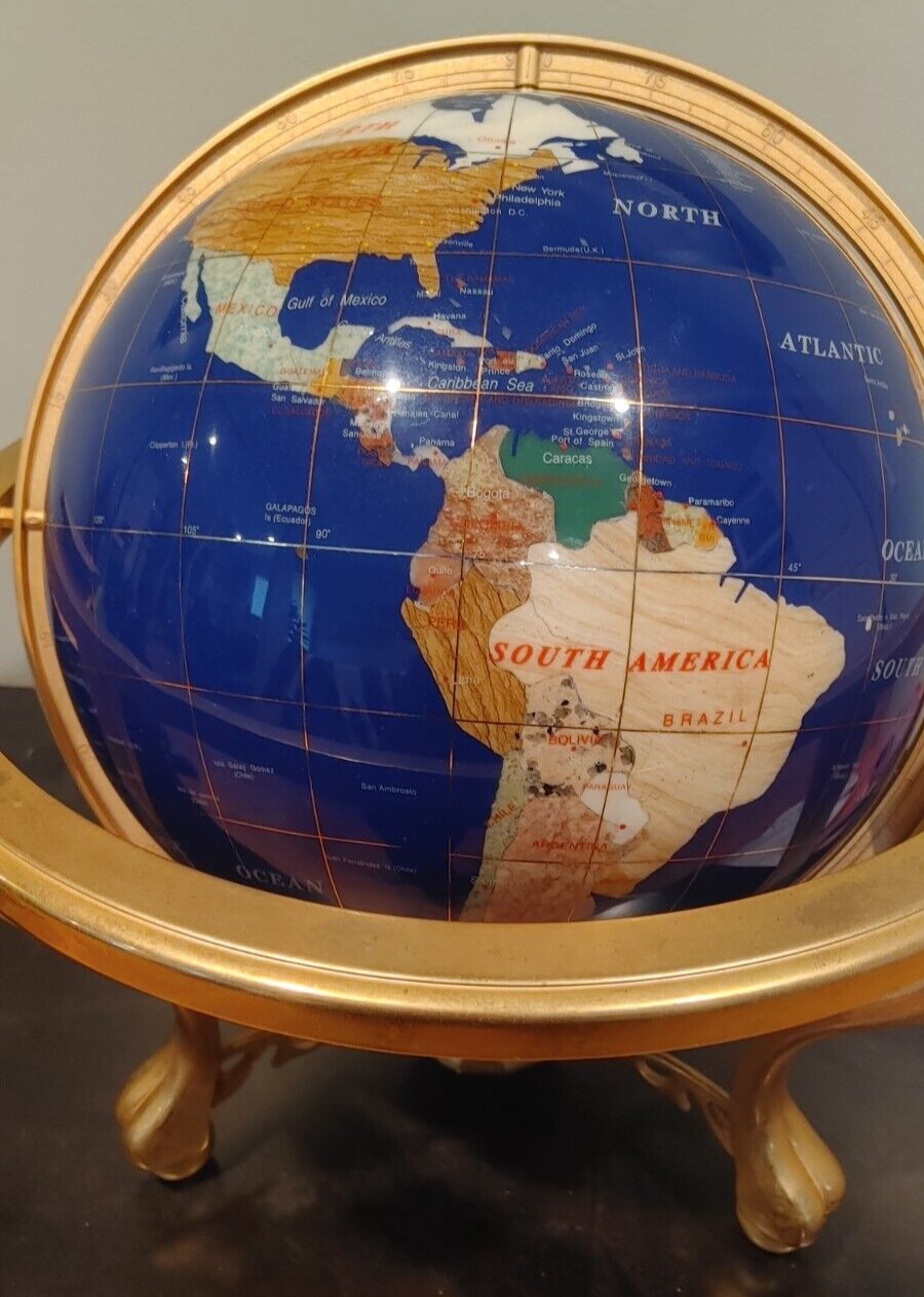 Large 12" Natural Gemstone World Globe & Compass Solid Brass Tripod Footed Stand
