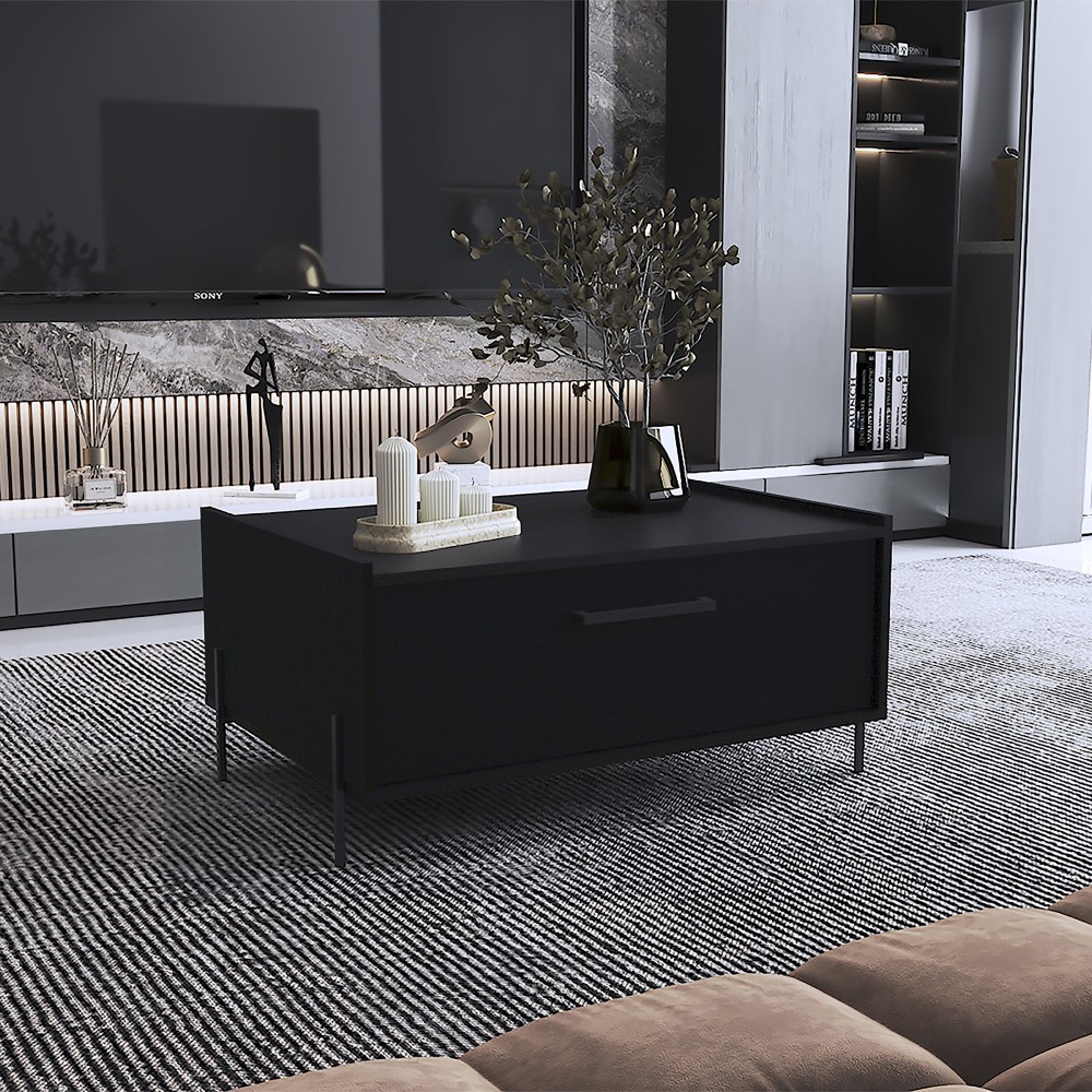 Black Coffee Table 15.6 Inch Height with 1 Shelf 4 Legs Living Room