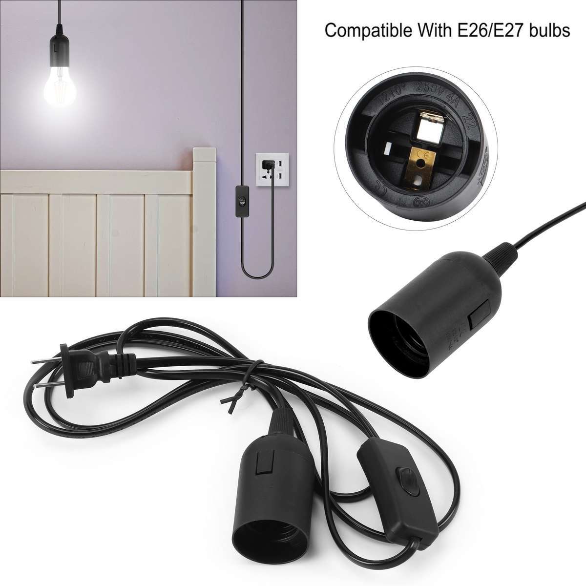 2X E26 E27 Light Bulb Socket to Wall Outlet Plug Adapter On/Off Switch 6FT Cord
