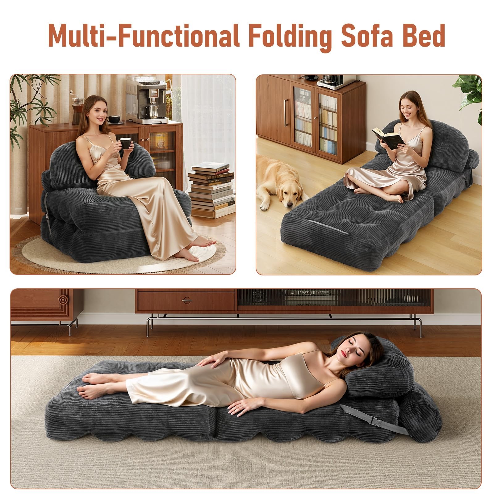 Vellorise Folding Sofa Bed, Convertible Sleeper Chair with Back Support and P...