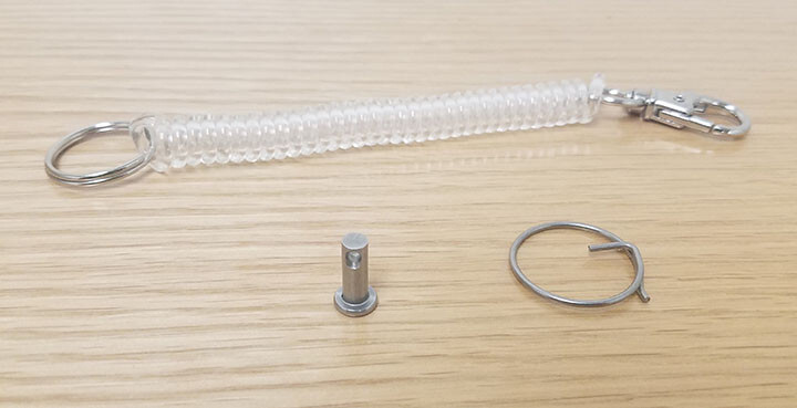 LABOR SAVER TETHER, 4" CURLY CORD W/SNAP, KEY RING, CLEVIS PIN