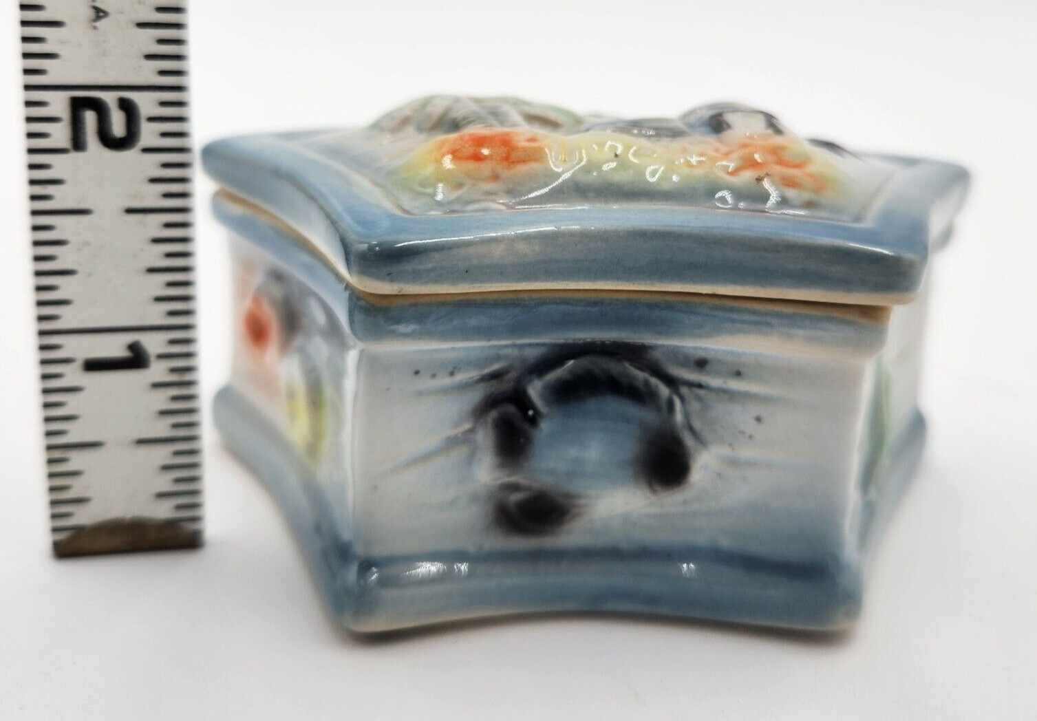 Vintage Ceramic Glazed Trinket Box Seashore Design