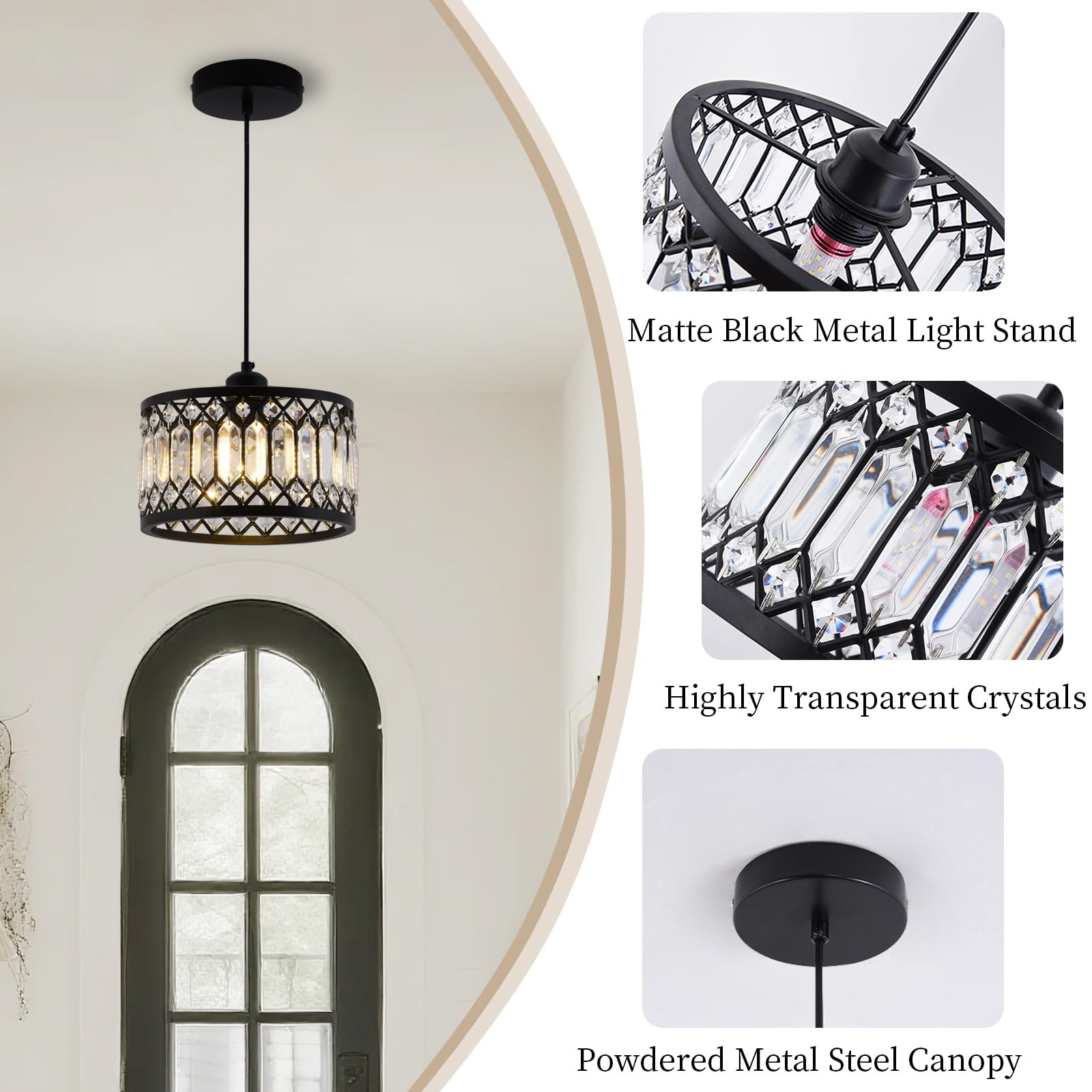 Crystal Black Pendant Light Fixture, Modern Hanging Ceiling Light Adjustable ...