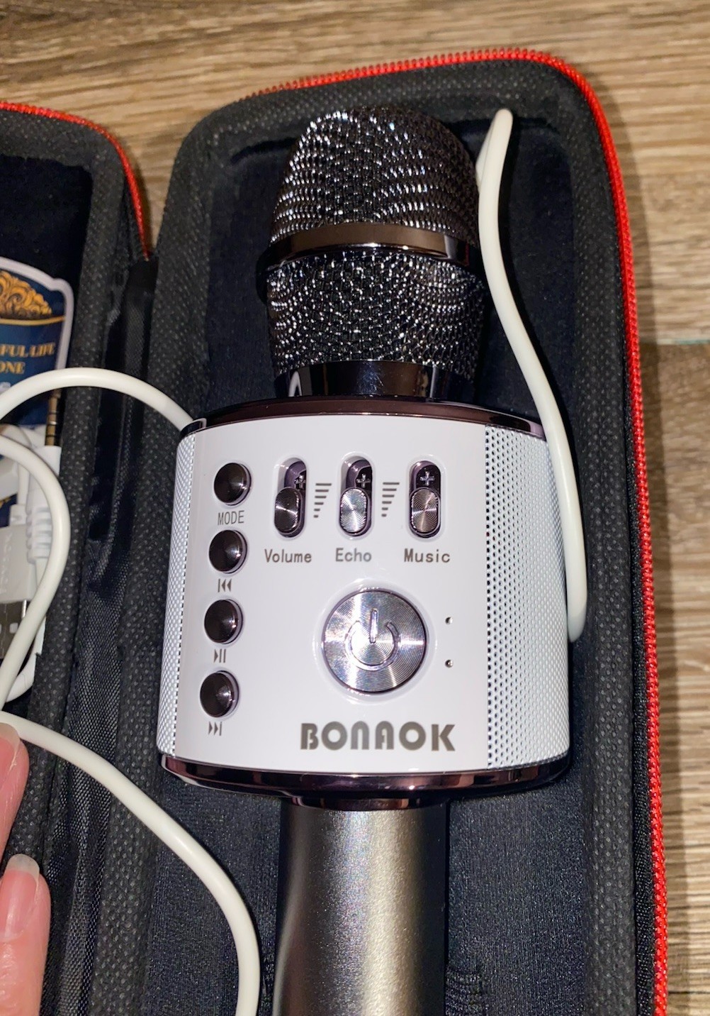 Bonaok Wireless Bluetooth Karaoke Microphone Black and White with Case