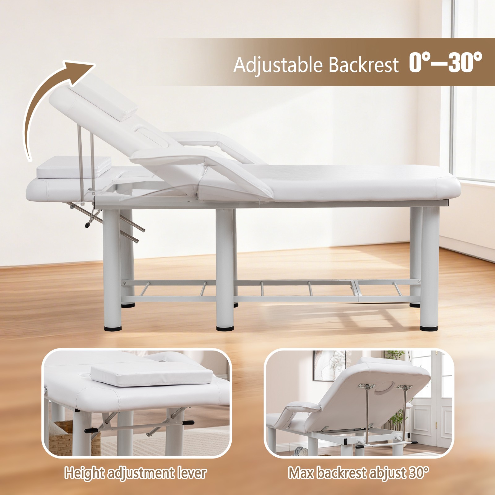 Professional Massage Bed Adjustable Height & Backrest Spa Facial Bed, White