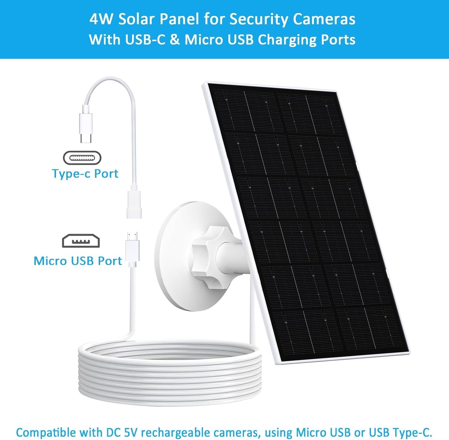 Versatile USB Solar Panel with 9.8FT Cable for All Weather Security Cameras