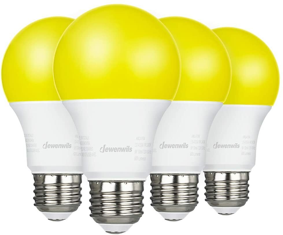 DEWENWILS LED Bug Light Bulbs Outdoor 4 Pack A19 Yellow Light Bulb 600LM E26