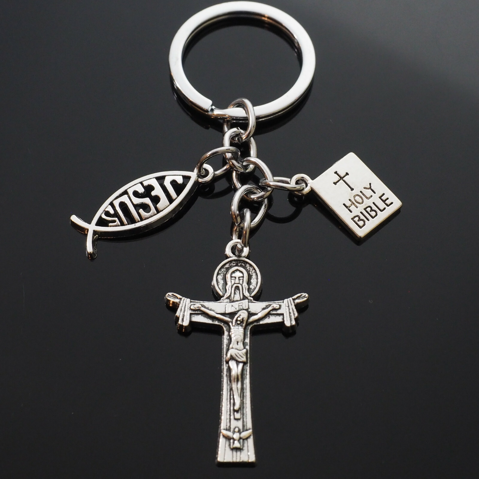 Jesus on the Cross Fish Christian Holy Bible Charms Keychain Key Chain Ring Gift