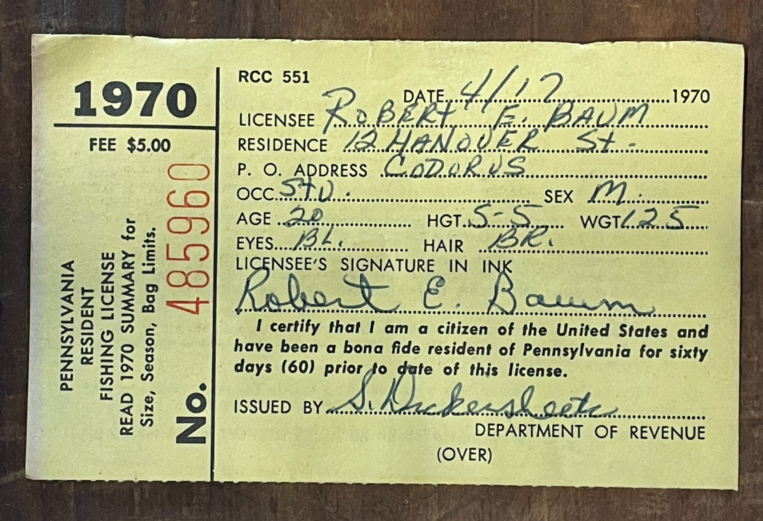 Old 1970 Pennsylvania Resident Fishing License Codorus, PA Paper Baum Vintage