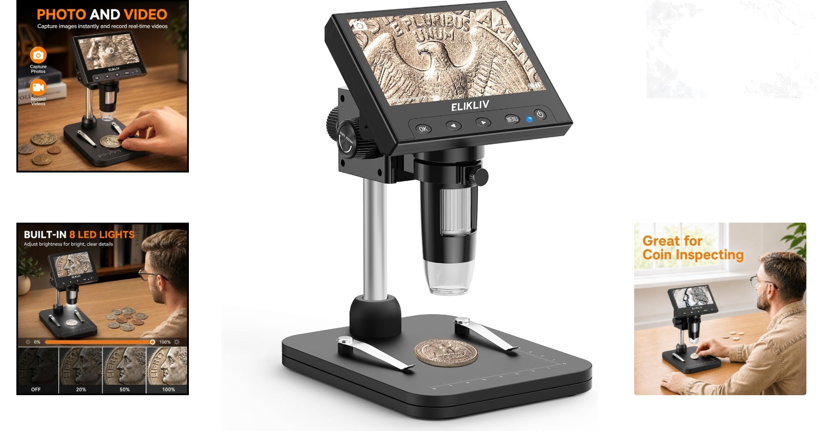 Digital Coin Microscope 4.3'' LCD 1000x Magnifier with LED Lights PC Compatible