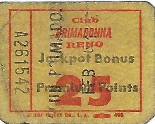 Club Primadonna - Reno, NV - Vintage Jackpot Bonus 25 Premium Points, Feb 1963