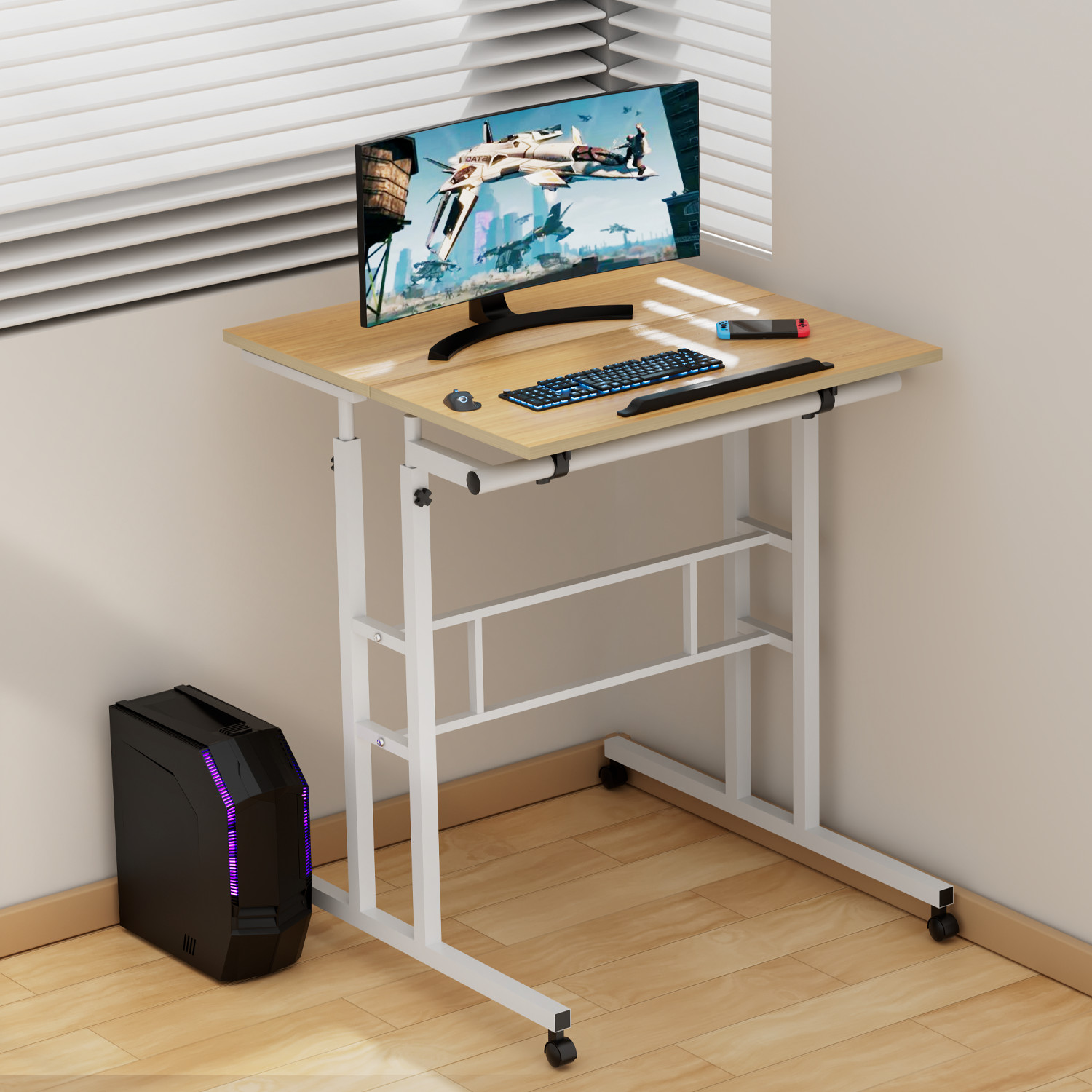 Rolling Laptop Desk Office Computer Table Adjustable Height Stand up Workstation