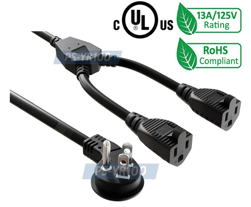 1 In 2 Out AC Outlet Power Y Splitter Cord Low-Profile Angled Head 14" Long