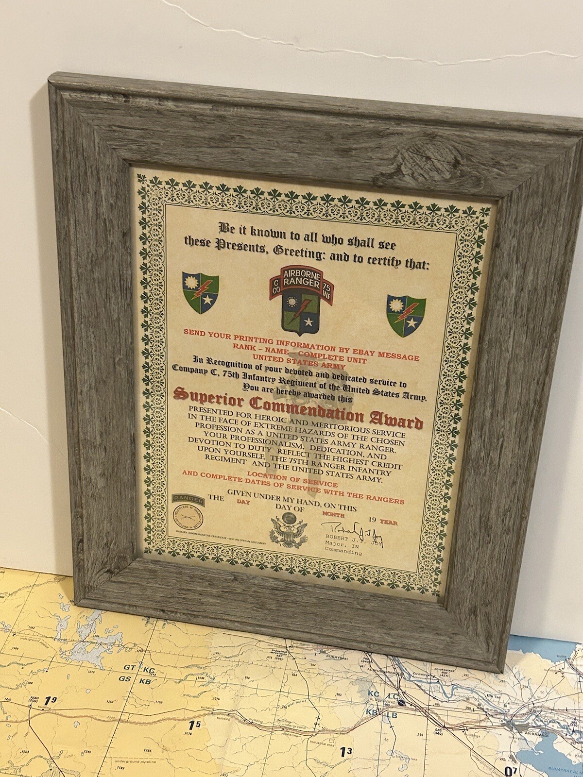 U.S. ARMY - 75TH RANGER / C CO - SUPERIOR COMMENDATION AWARD CERTIFICATE