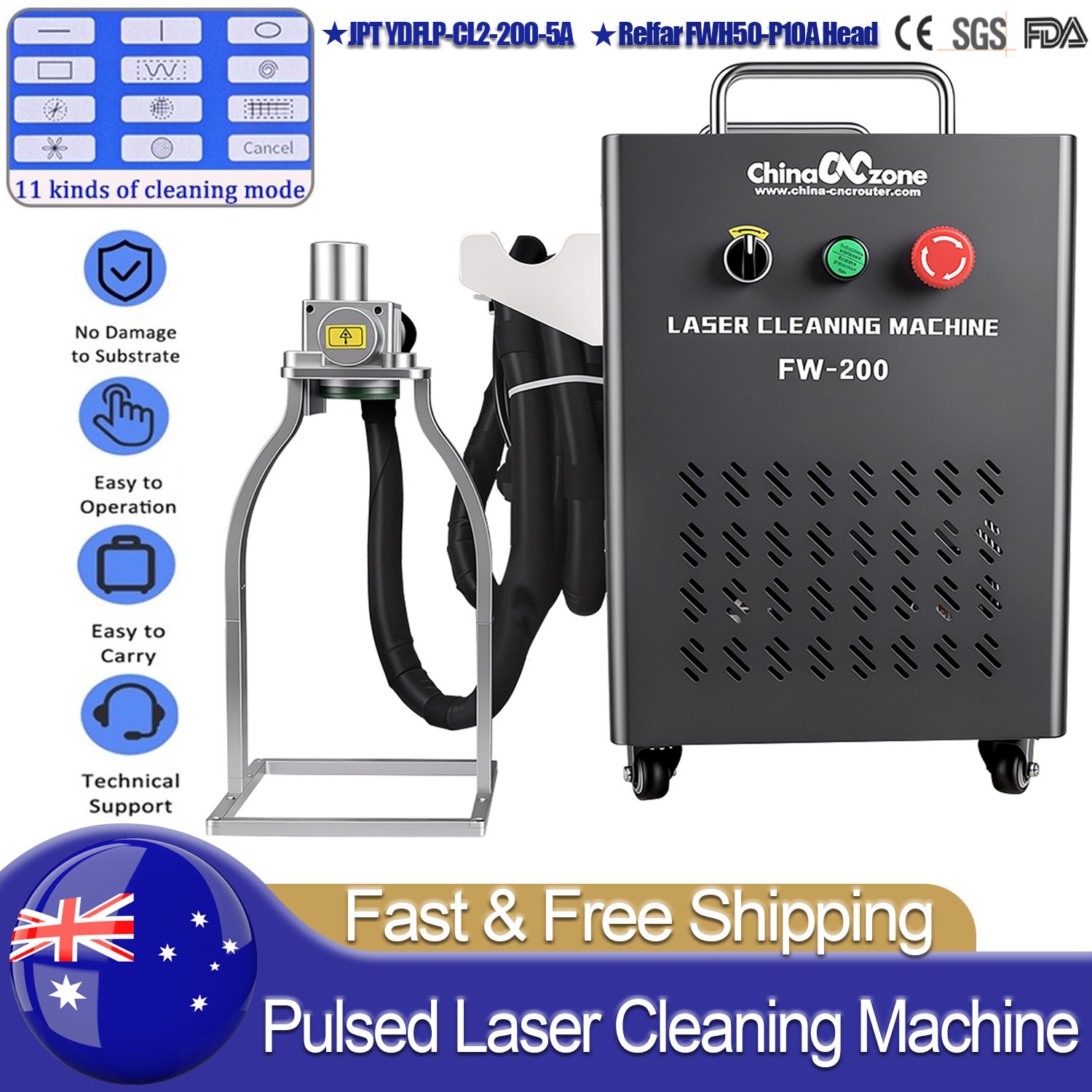 200W JPT Portable Pulsed Laser Cleaning Machine Metal Rust Wood Paint Remover AU