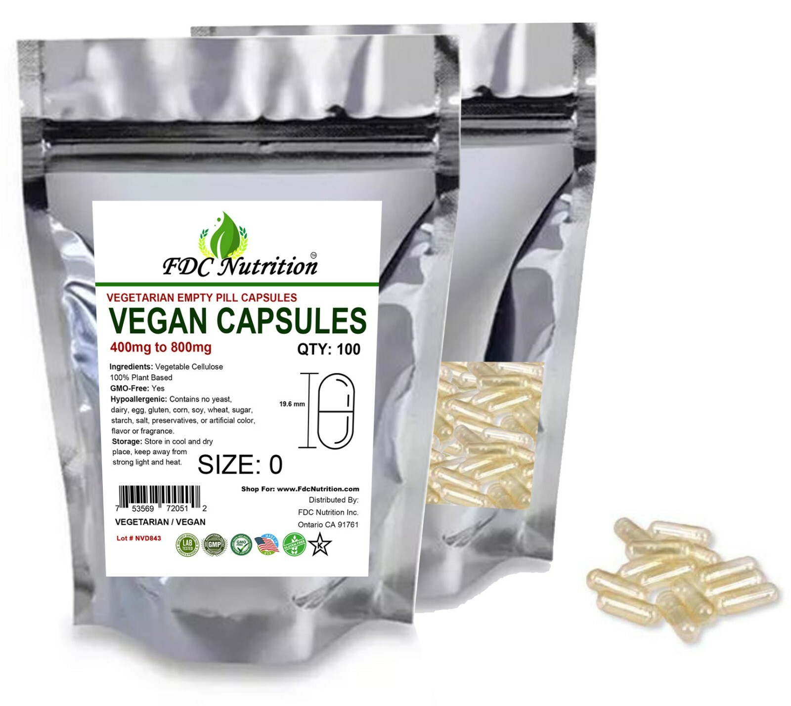 Empty Vegan Capsules - Sizes 0  - USA Kosher / Halal Gel Caps By FDC NUTRITION