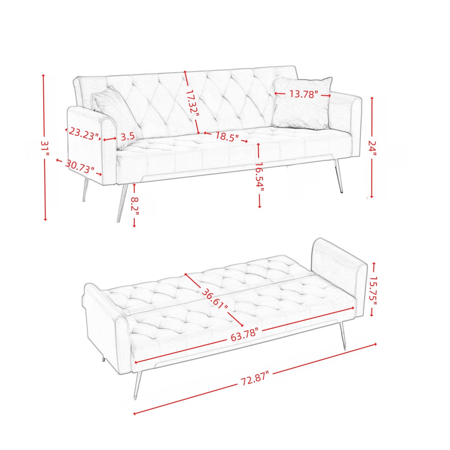 Modern Convertible Foldable Sleeper Sofa Velvet Loveseat Sofa Bed w/ Metal Legs