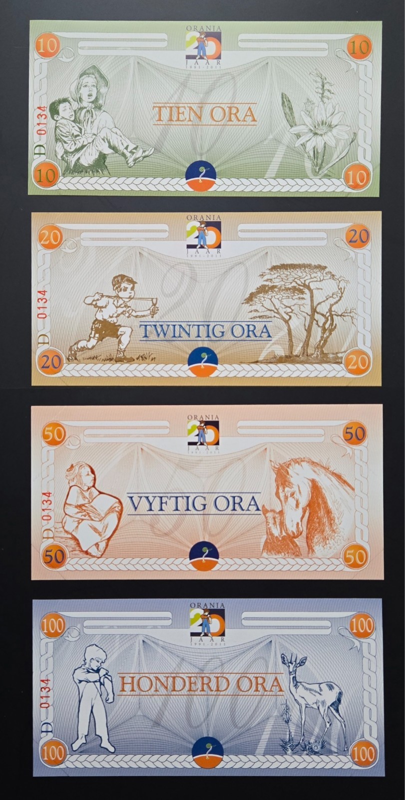 South Africa ORANIA 10 20 50 100 Ora Series D Banknote Set AU-UNC SERIAL MATCH