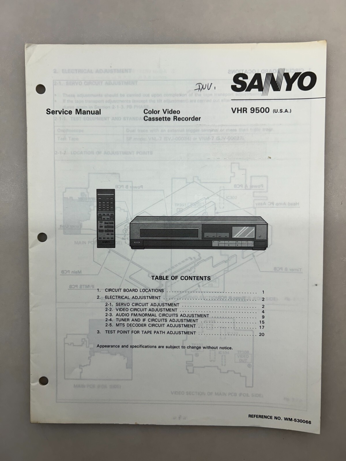 Sanyo VHR9500 Original Service Manual Free Shipping