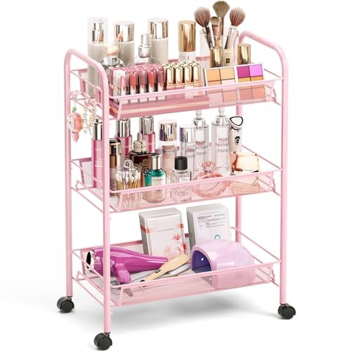 3 Tier Rolling Cart - Metal Storage Organizer with Wheels, 33 lbs 3-Tier Pink