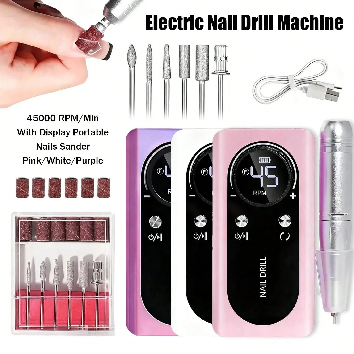 45000RPM Rechargeable Electric Nail Drill (Pink)