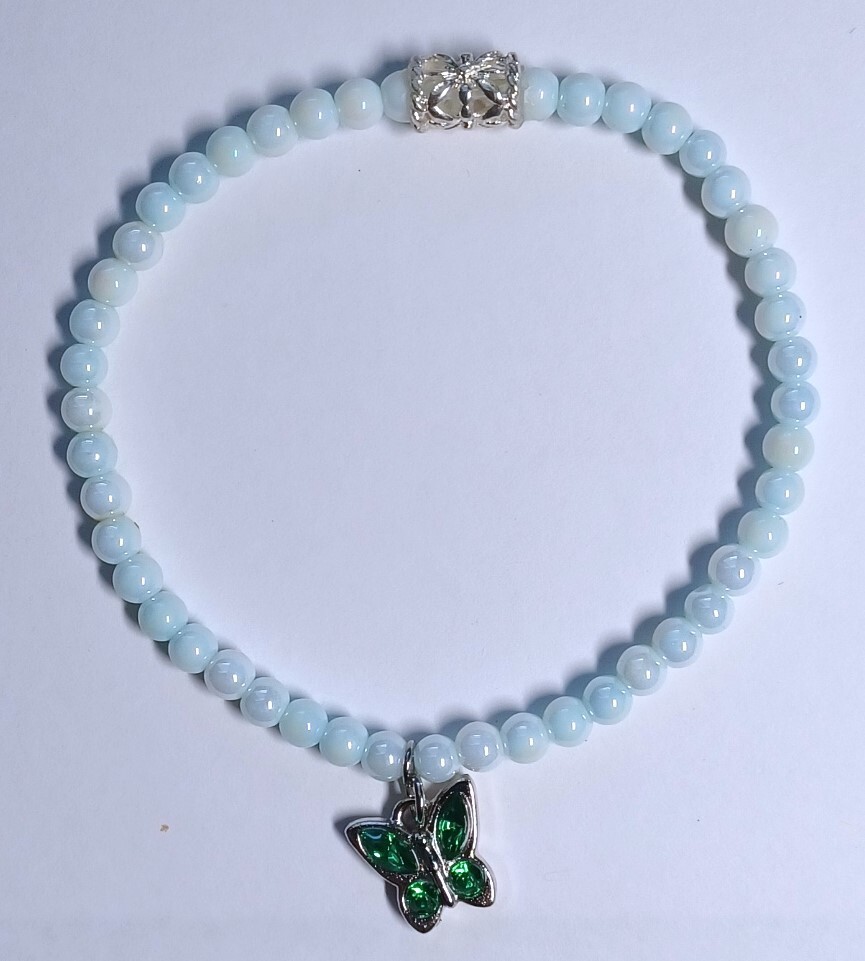 White Glass Beaded Bracelet with Dangling Butterfly Charm