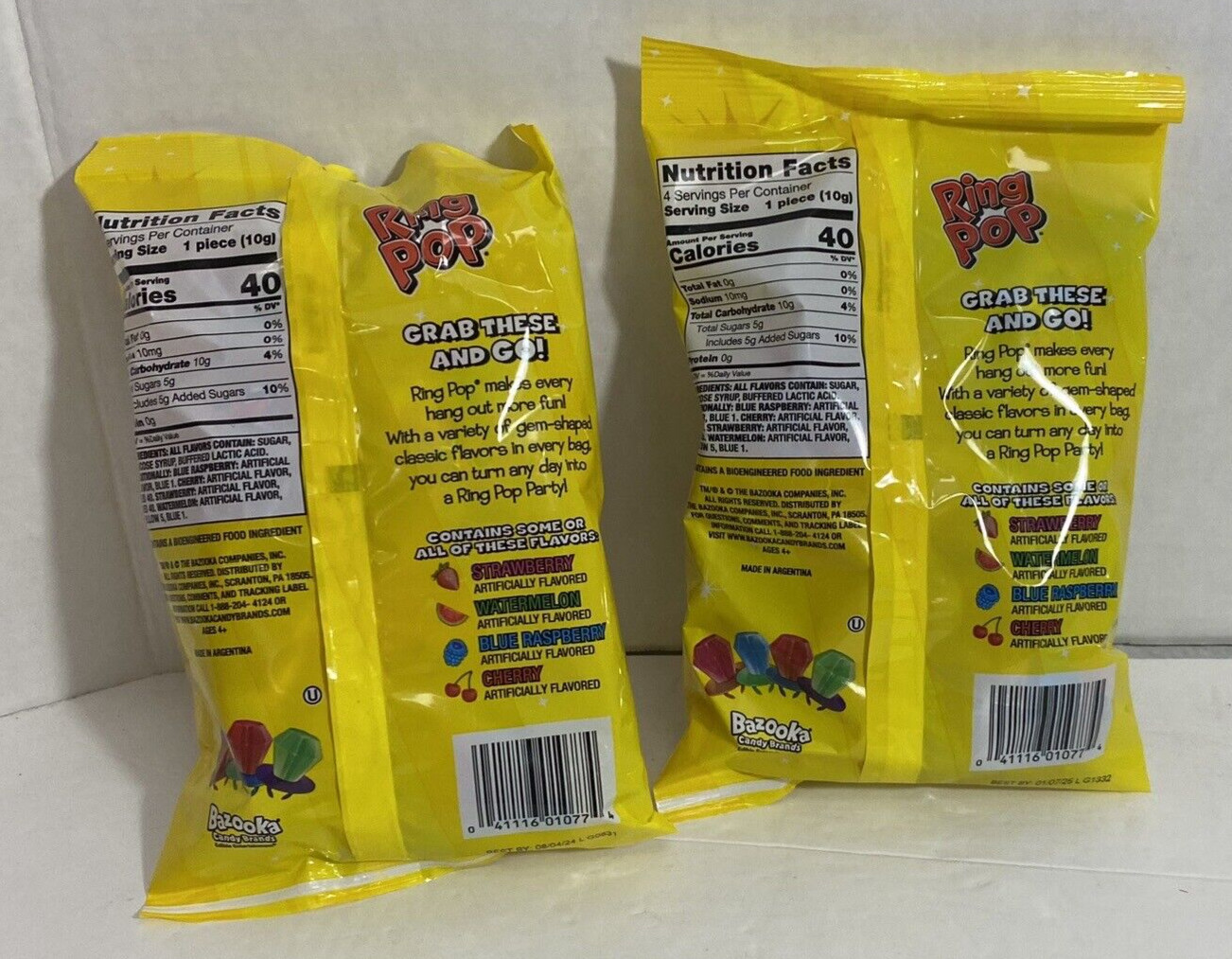 2 Bags of Ring Pop Candy Lollipops 4 per bag Cherry S-berry B-raspberry W-melon