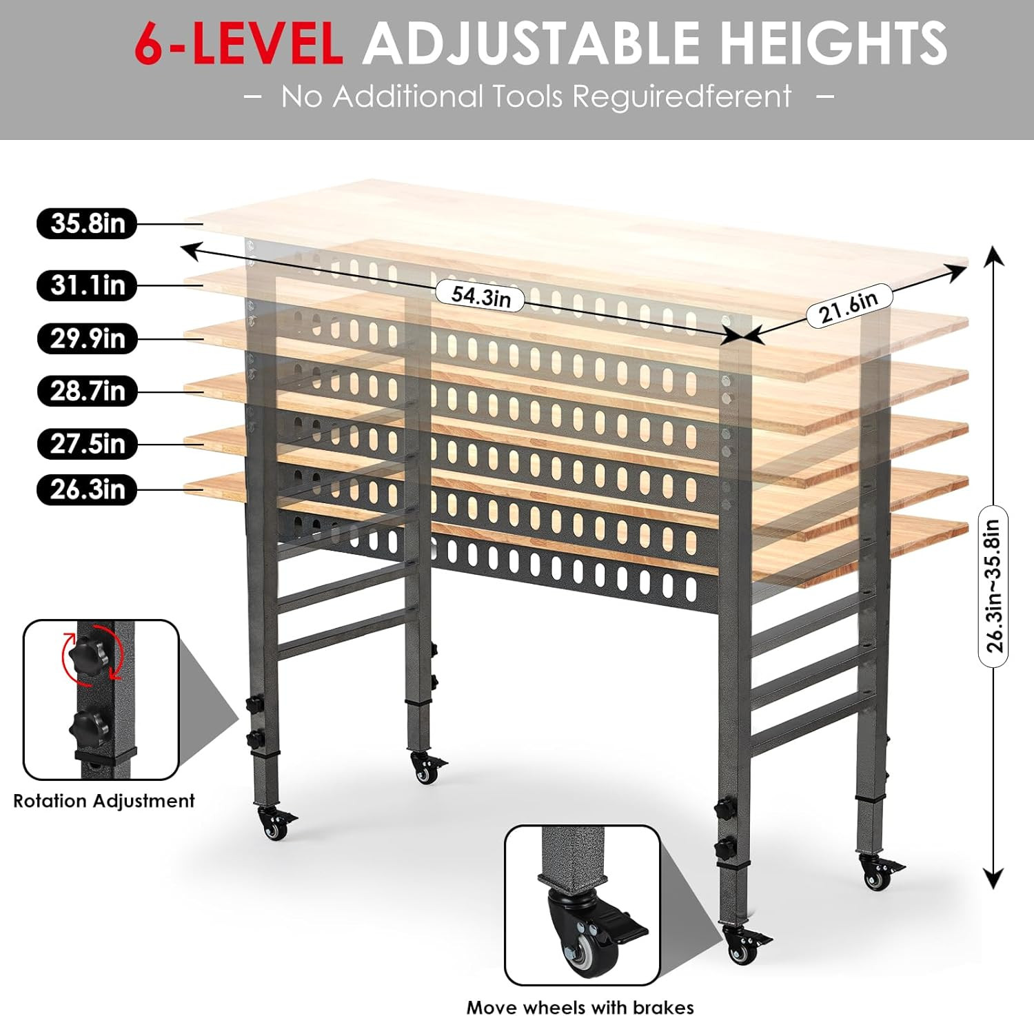 54.3 "Adjustable Workbench with Power Outlet, Heavy Duty 2000 LBS Load Capacity