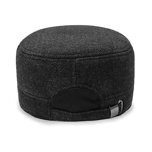 Men's Winter Baseball Cap with Ear Flaps Adjustable Cabbie Hat Wool Flat Black